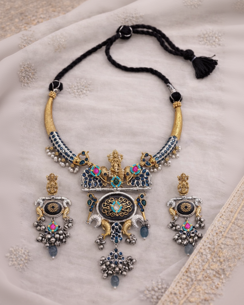 Oxidised Silver Dual-Tone Antique Temple Jewellery Set-G353100