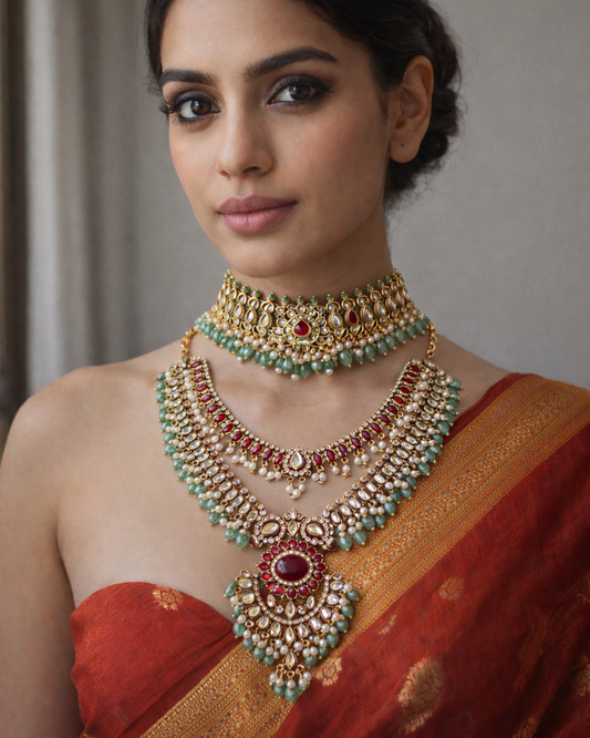 Combo Kundan Polki Bridal choker and Long Necklace Set-G3512800