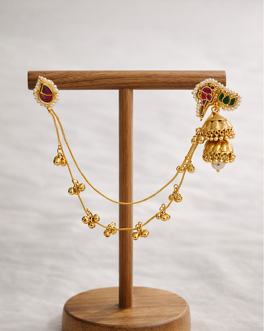 Regal Gold-Plated Kashmiri Jhumki Earrings with Side Kanchain and Ghungroos-G352100