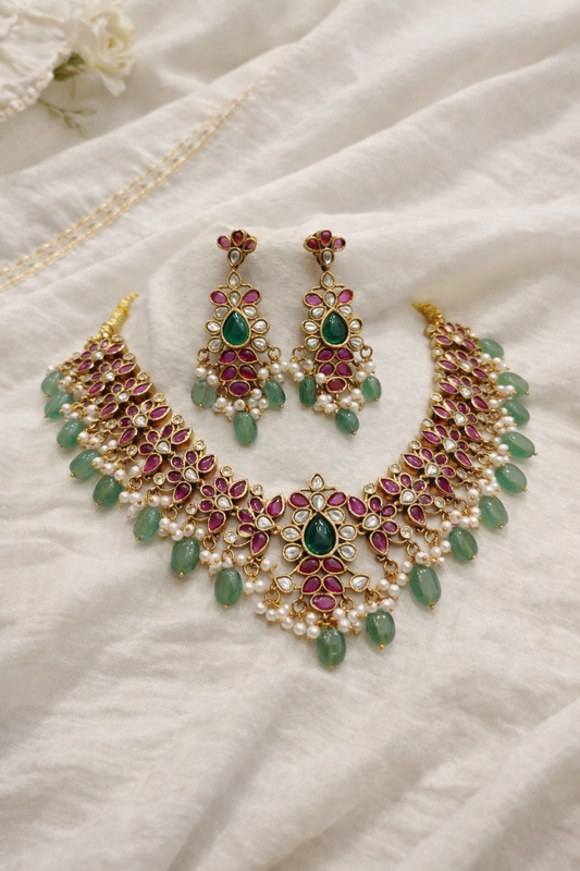 Jadau Floral Kundan Necklace & Earring Set-G353700