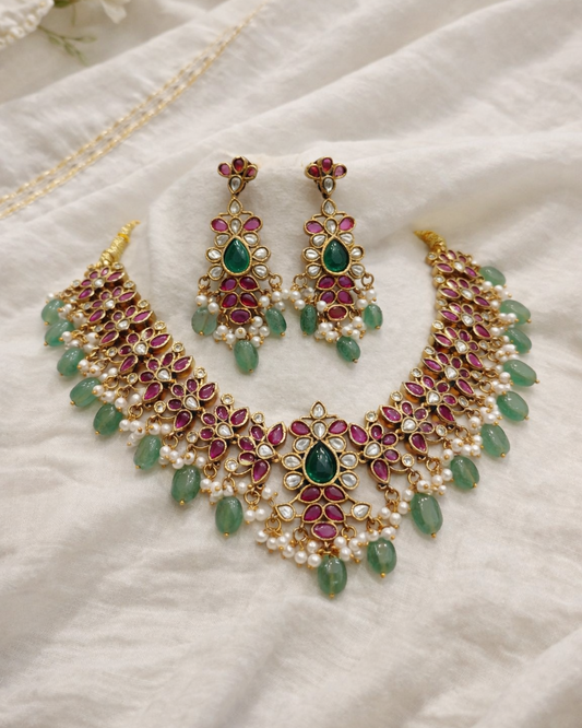 Jadau Floral Kundan Necklace & Earring Set-G353700