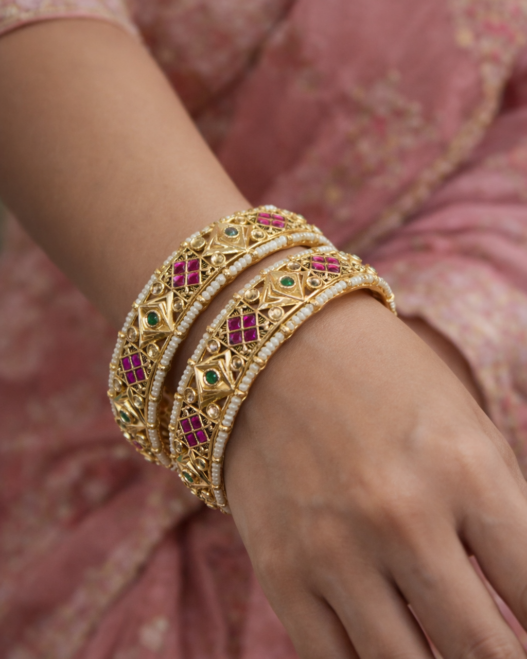 Handcrafted Kundan Polki Bangles (Set of 2)-G355600