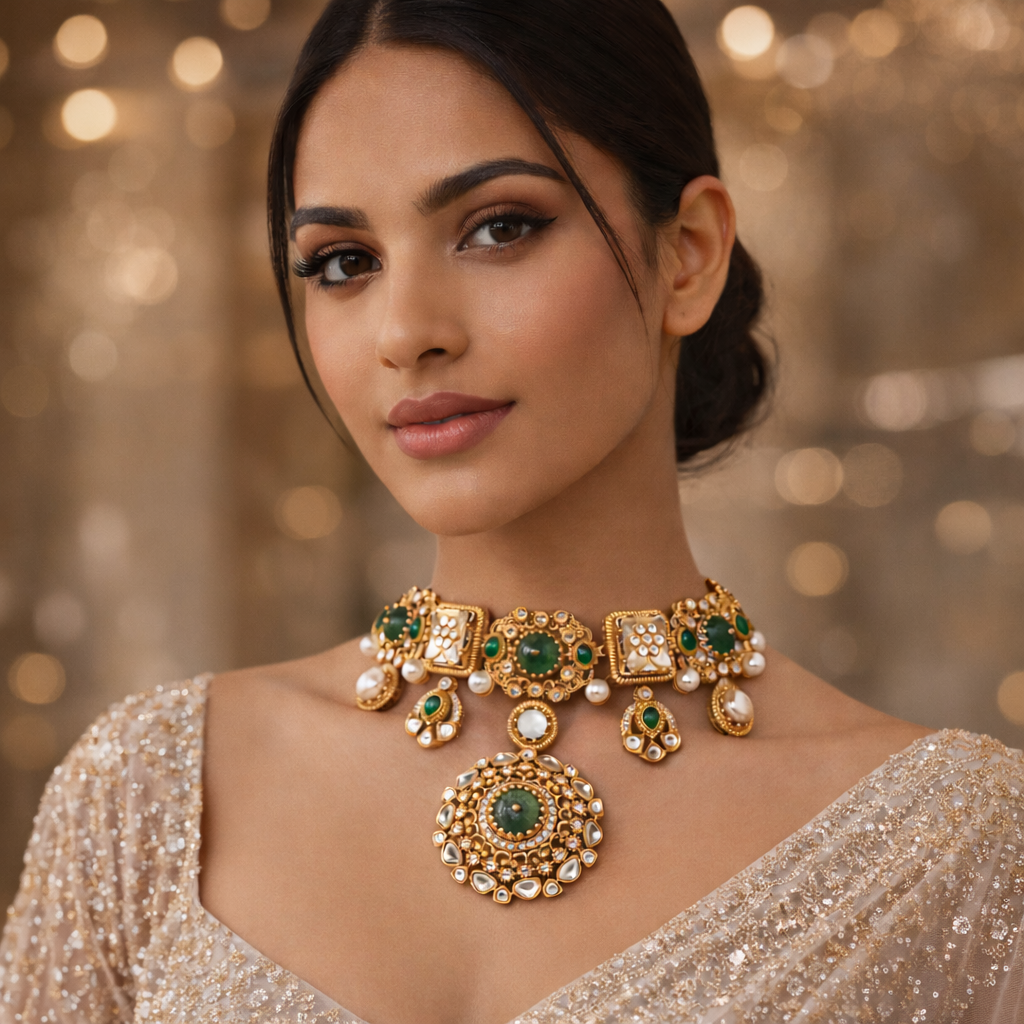 Clustered Real White Pearl & Emerald Necklace Set