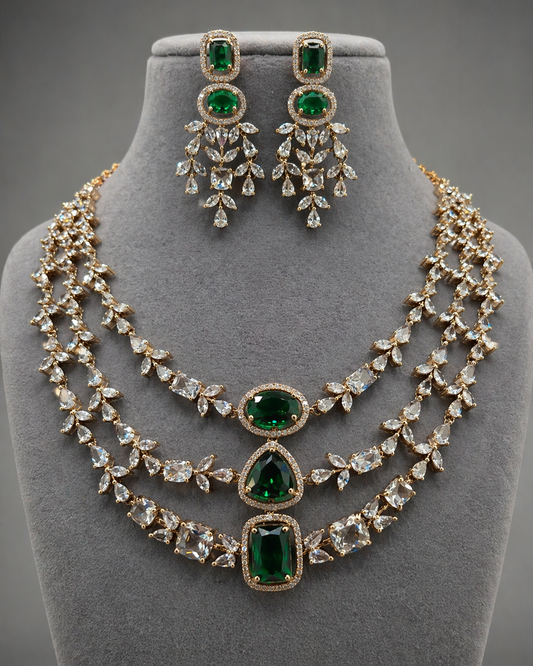 Victorian Emerald & Diamond Replica Statement Necklace Set-G353800