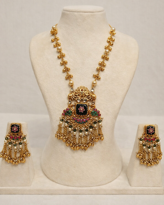 Heritage Style Kundan & Pearl Long Necklace Set with Matching Earrings-G356700
