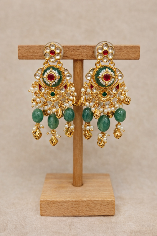 Green Kundan & Pearl Gold Plated Bridal Necklace Set-G3514100