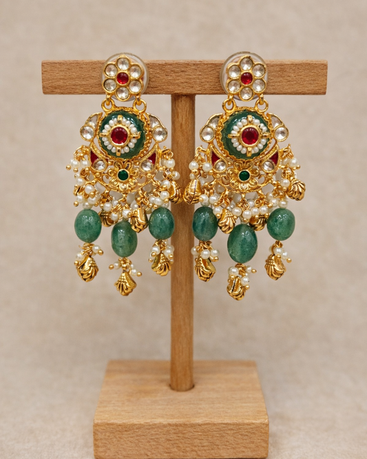 Green Kundan & Pearl Gold Plated Bridal Necklace Set-G3514100