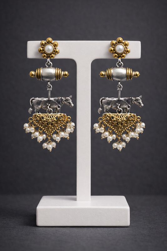 German Silver and Gold Tone Cow Motif Jhumka Earrings-G351300