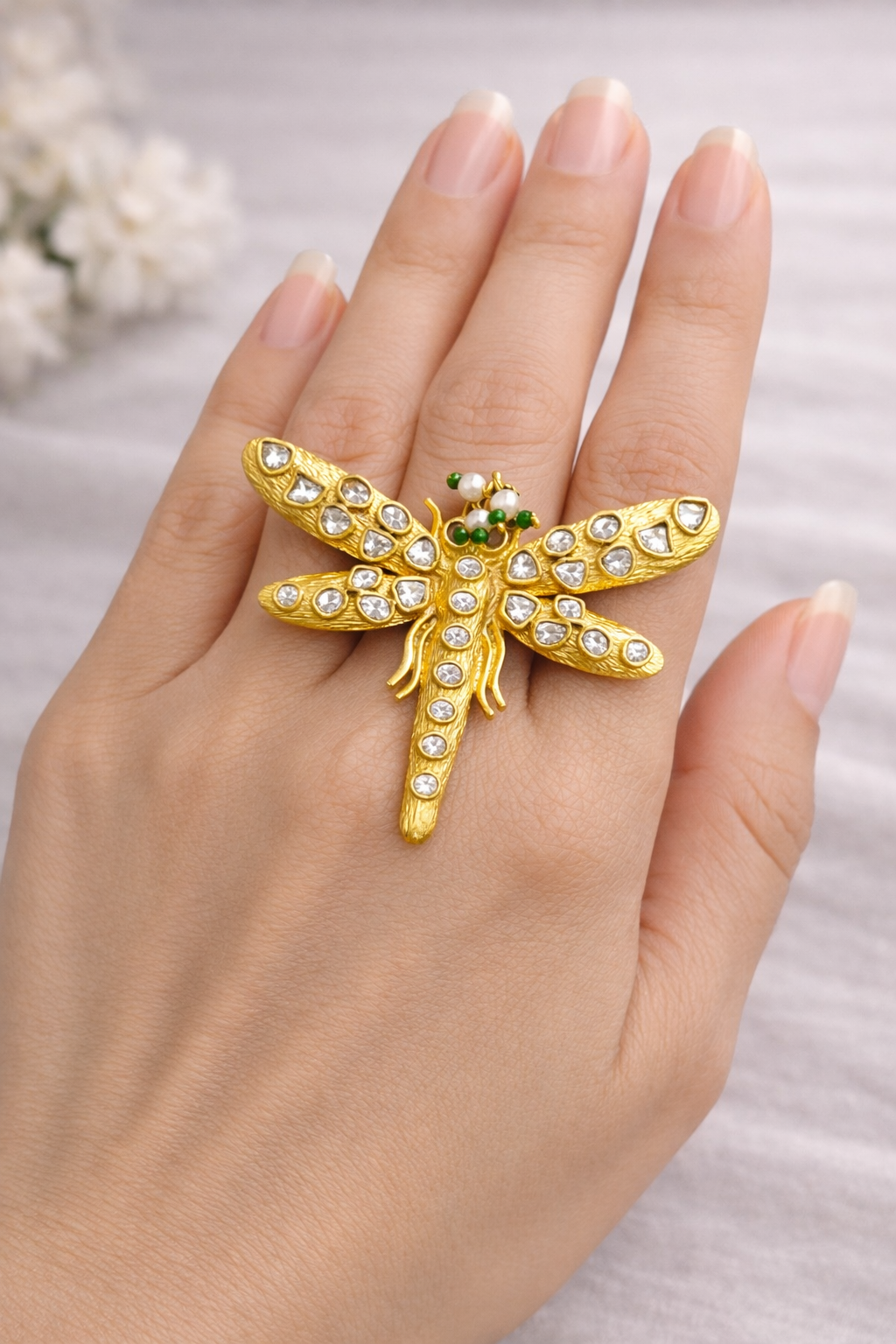 Vintage-Style Kundan Dragonfly Ring