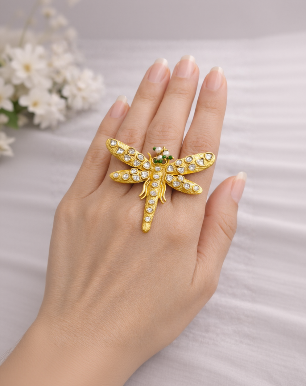 Vintage-Style Kundan Dragonfly Ring-G352300