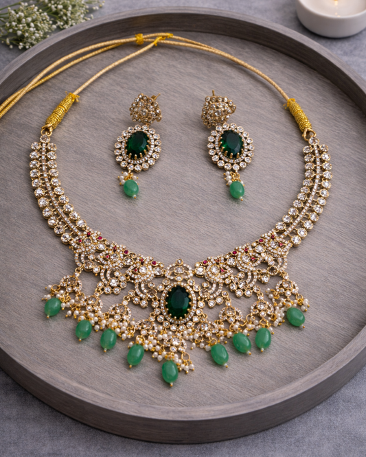 Floral Waterdrop American Diamond Necklace Set-G354100