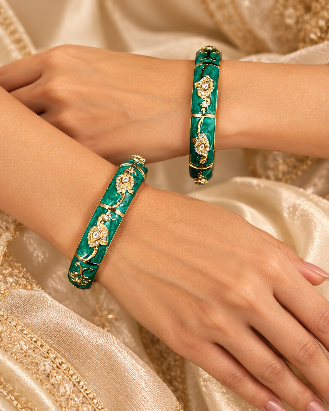 Aura Green Emrald Statement Bangles(Set of 2)-BGL2295