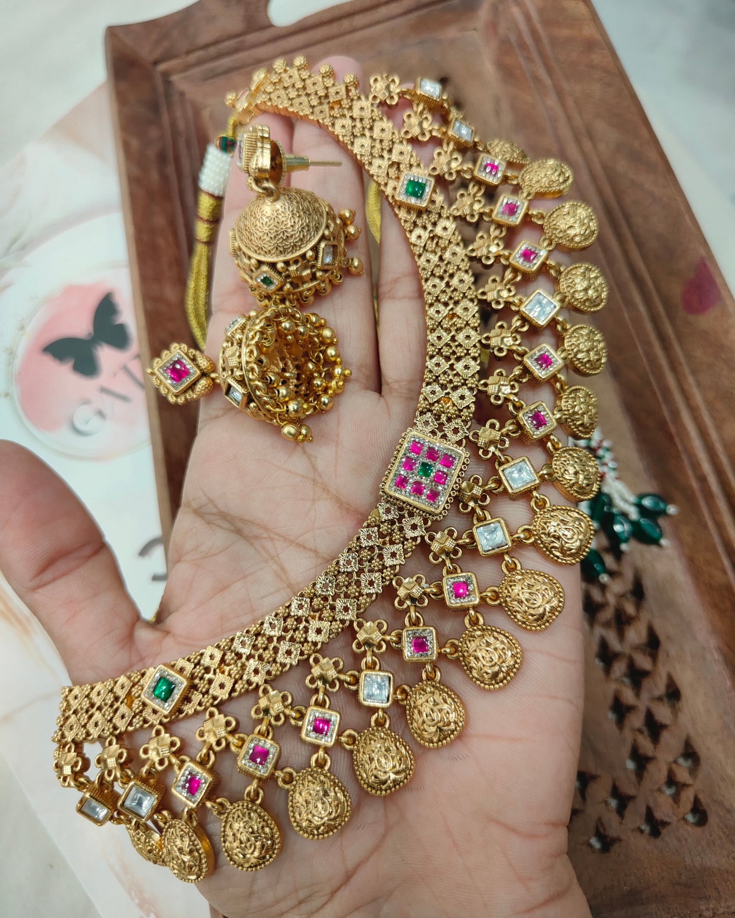 Rajwadi Antique Jaalar Gold Necklace with Jhumka Earrings-G356300