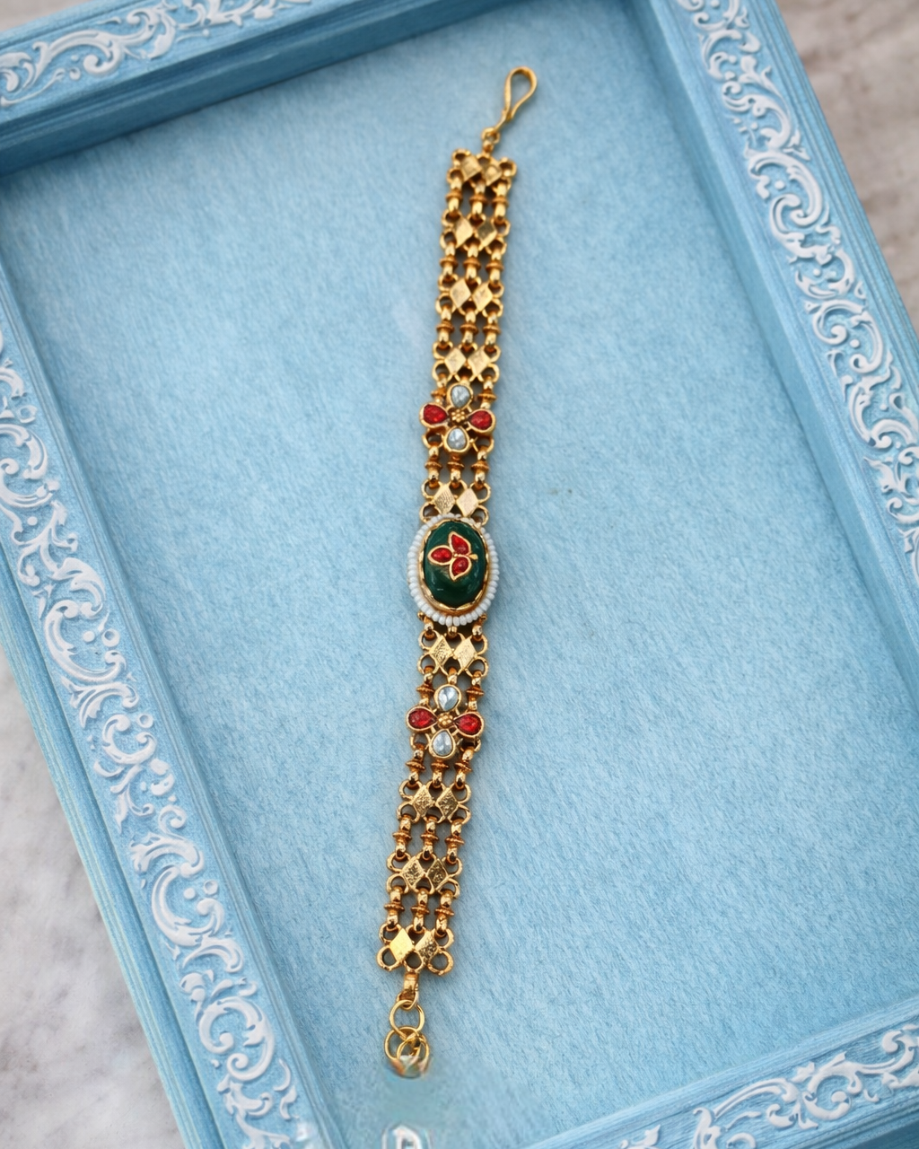 Golden Toned Cuff Bracelet with Green Onyx Stones-G351500
