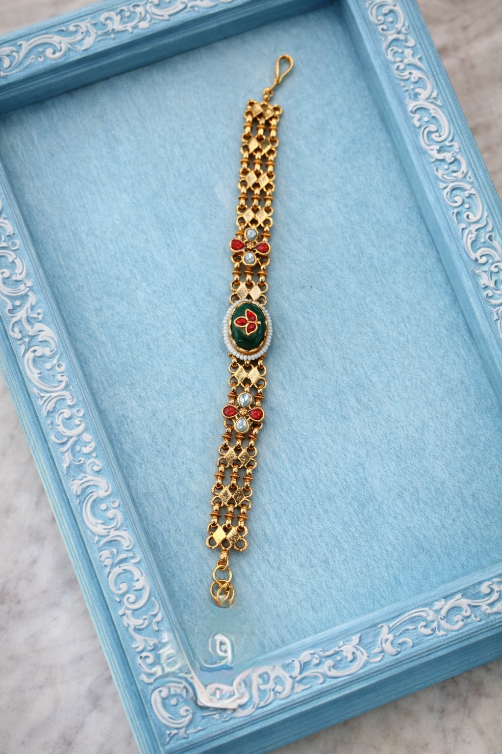 Golden Toned Cuff Bracelet with Green Onyx Stones