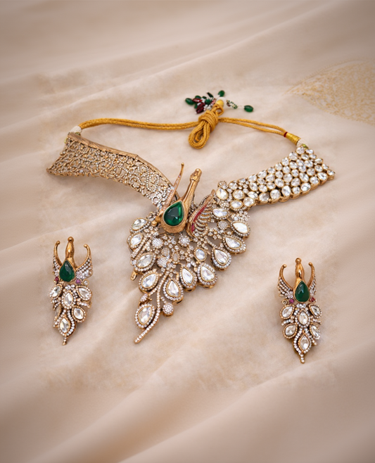 Peacock motif Grand Mossaintite polki set-G3512800