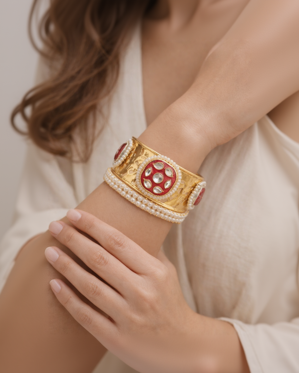 Ruby Pearl Kundan Fusion Kada Bracelet-G351100