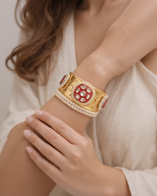 Ruby Pearl Kundan Fusion Kada Bracelet-G351100