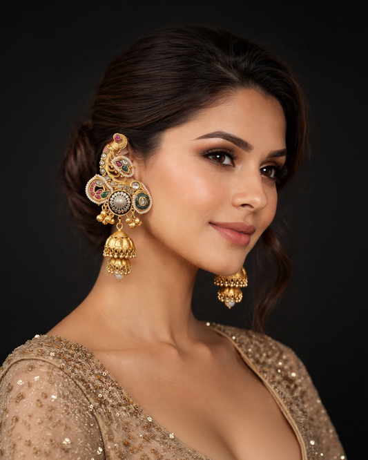 Gold Peacock Kundan Jhumka Ear Cuffs-G352100