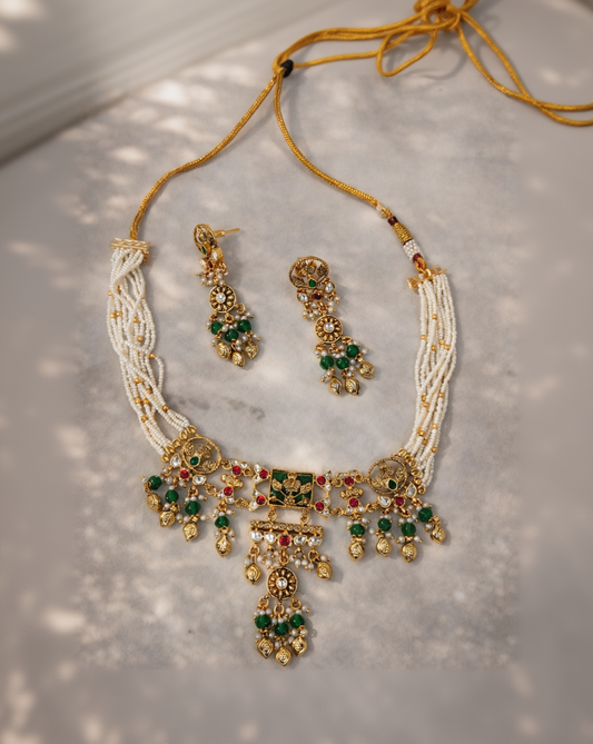 Ethnic Green and White Beaded Choker Set-G353800