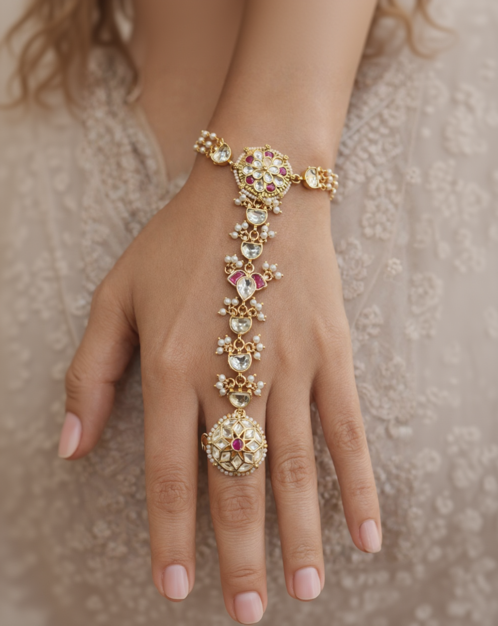 Pearl & Kundan Haath Phool / Haath Panja Bracelet-G352300