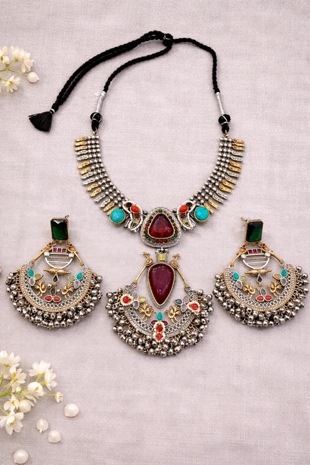 Oxidized Silver Navratri special Blue Stone Necklace Set-G353800