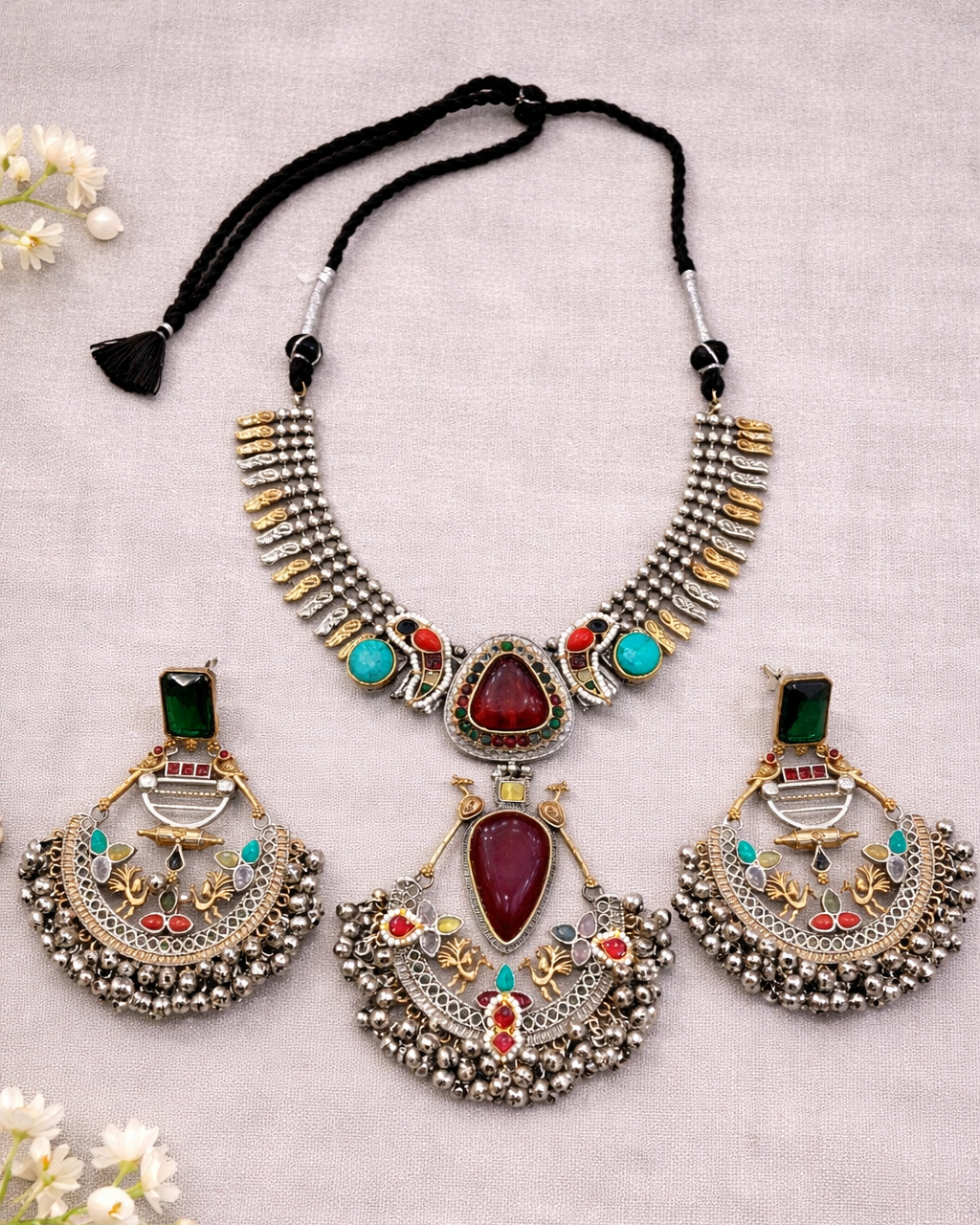 Oxidized Silver Navratri special Blue Stone Necklace Set-G353800