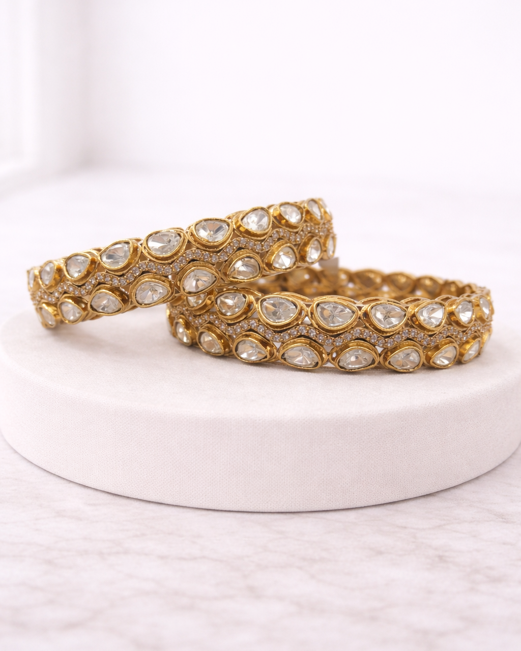 Mossonite Gold-Plated Kundan Polki Bangle(Set of 2)-G356300