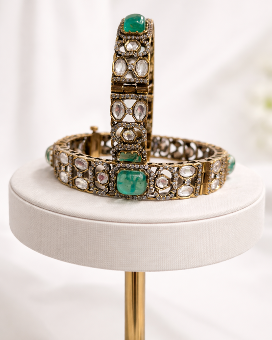 Emerald Green Moissanite Polki Bangles(Set of 2)-G354100