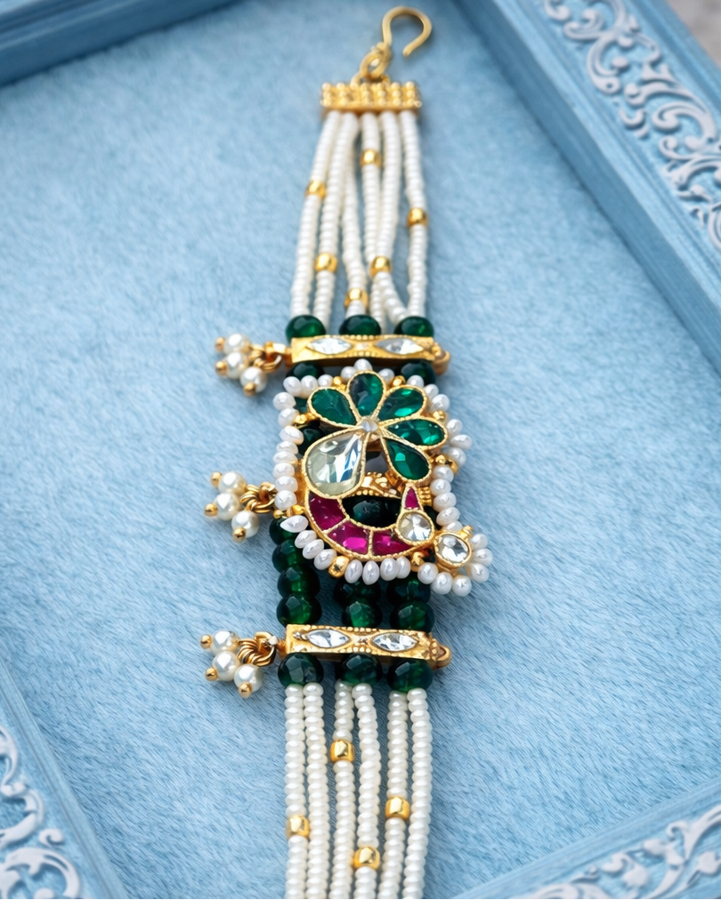 Emerald Green and Pearl Kundan Traditional Indian Bracelet-G351100