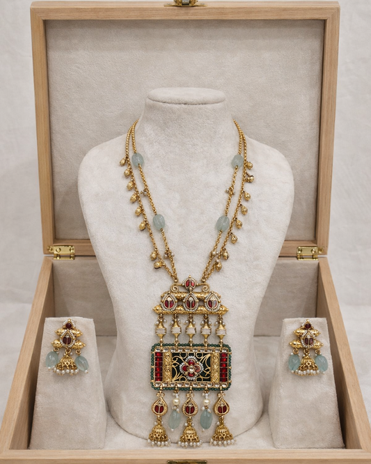Antique Jadau Kundan Pendant Chain With Earings-G355400