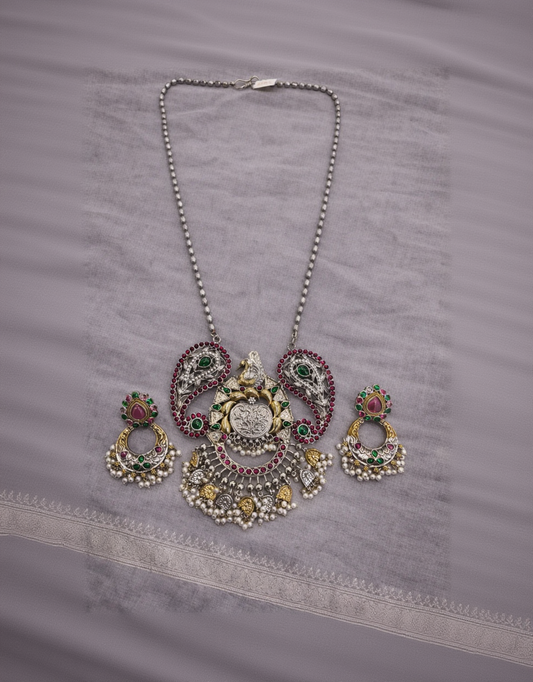 Oxidized Silver Temple Jewelry Set with Ruby Green Stones & Pearls-G351800