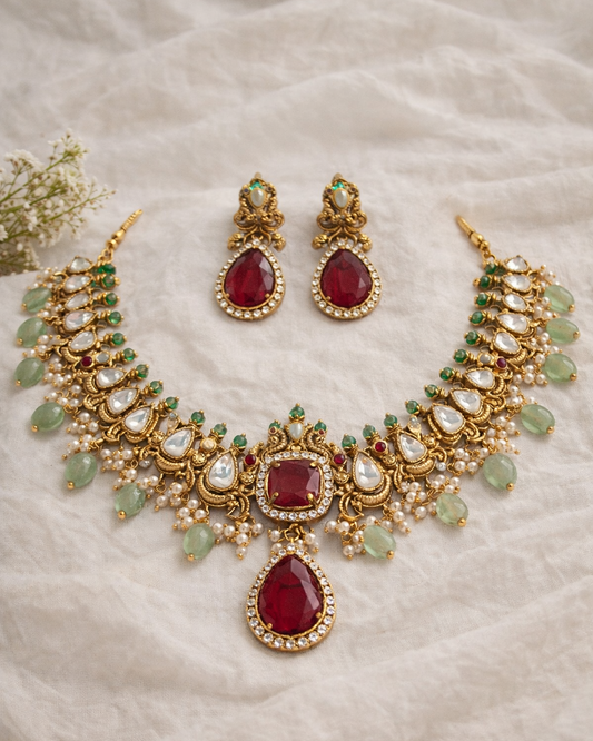 Kundan & Pearl Choker Necklace Set-G354000