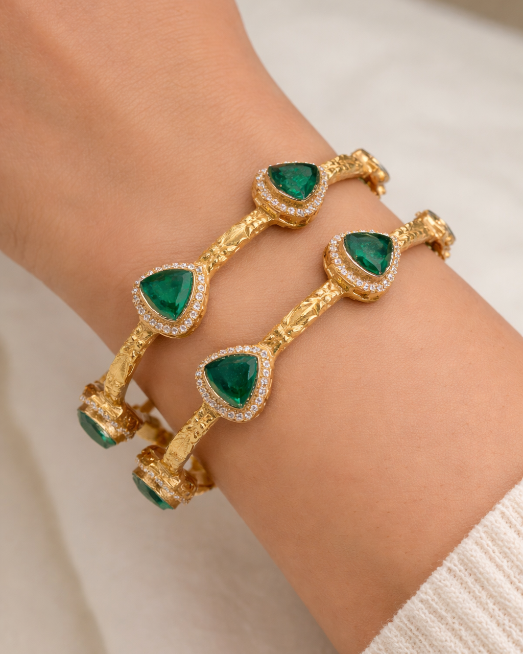 Emerald Green Stone & Gold Plated Bangles(Set of 2)-G357100