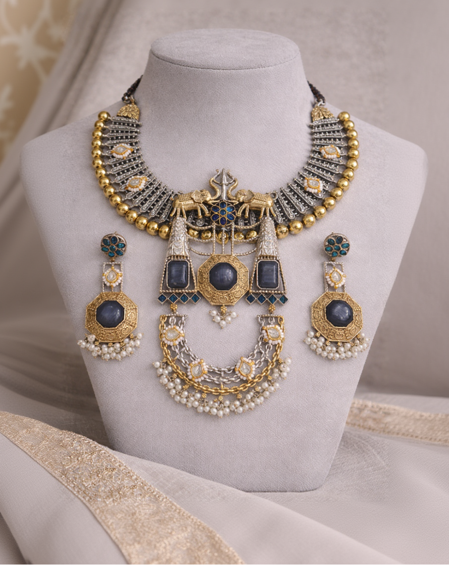 Dual-Tone Oxidized Silver & Gold Plated Statement Choker Set-G353800