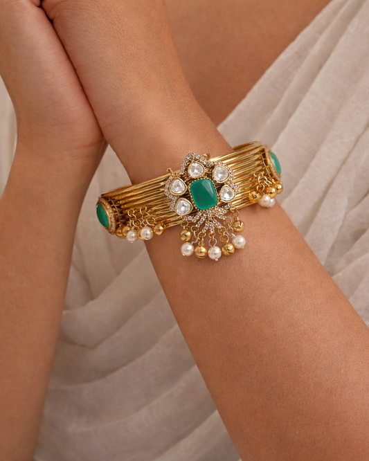 Emerald & Diamond Kundan Pearl Drop Bangle Bracelet-G351900