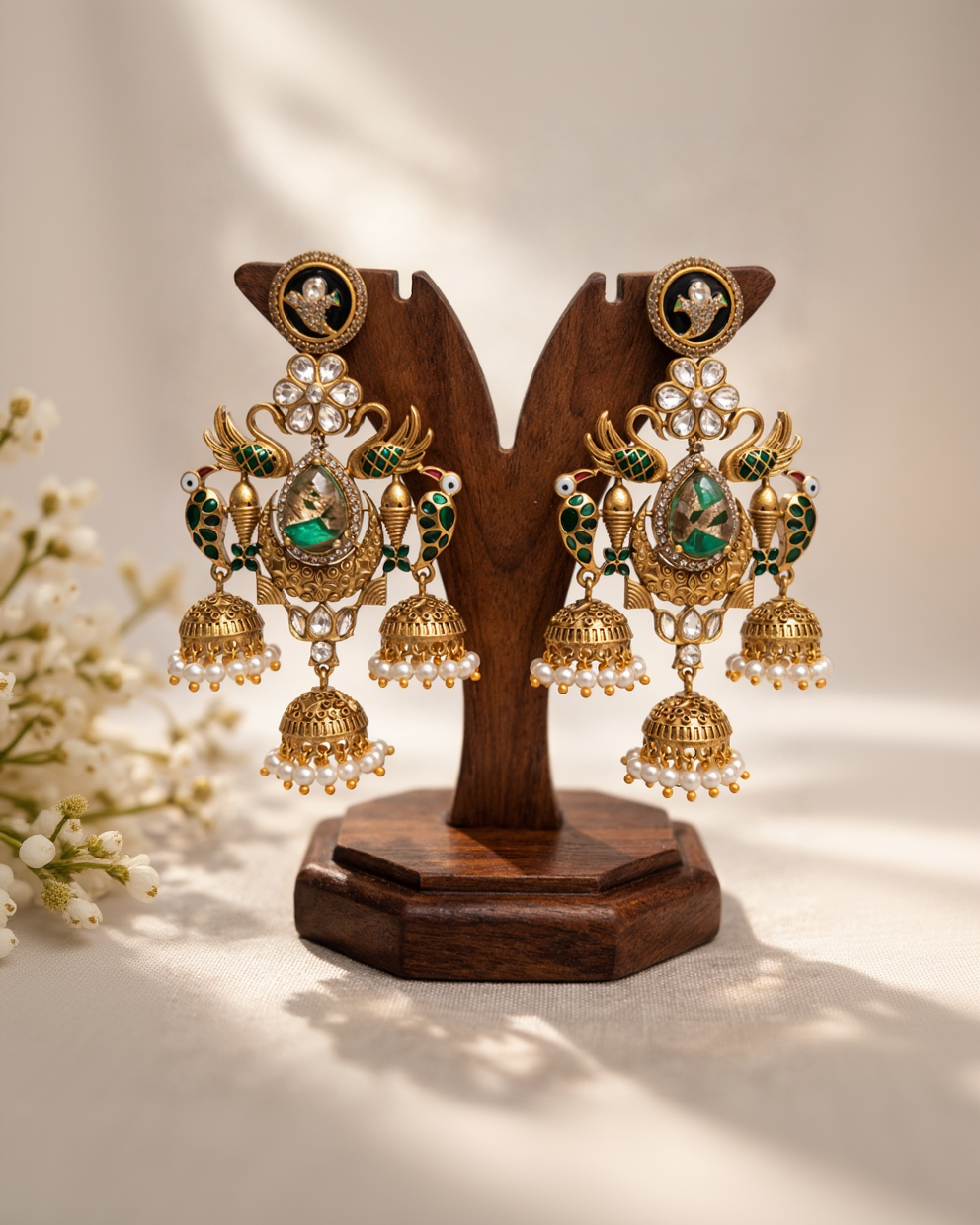 Exquisite Gold-Tone Peacock Jhumka Earrings with Polki and Green Enam-G351700