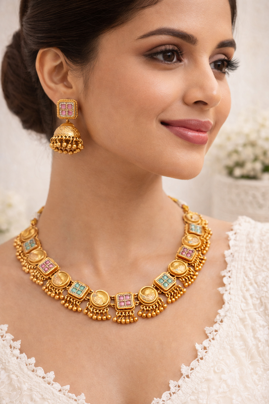 Elegant Gold-Plated Kundan Choker Necklace Set with Jhumka Earrings