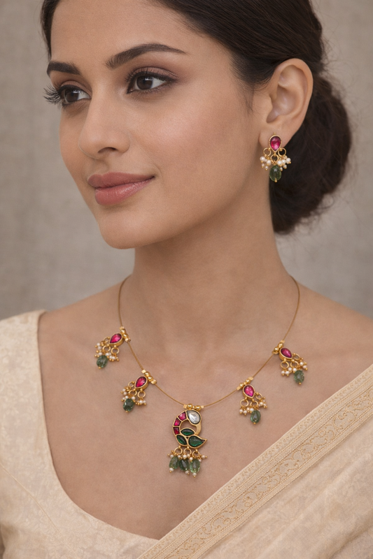 Beautiful Peacock Kundan Jadau Invisible Necklace Set