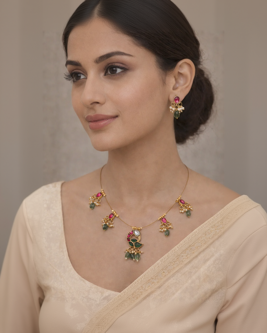 Beautiful Peacock Kundan Jadau Invisible Necklace Set-G351000