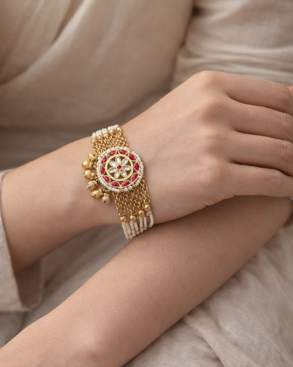 Elegant Red & White Kundan Pearl Bracelet-G351500
