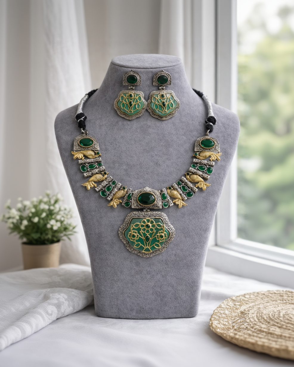 Oxidized Silver & Gold Plated Green Stone Jewellery Set-G352800