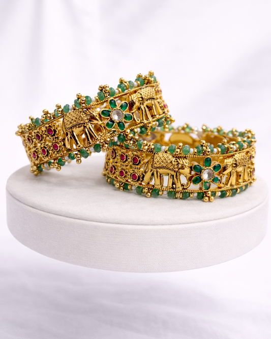Elephant Motif Antique Gold-Plated Bangle Set(Set of 2)-G355300