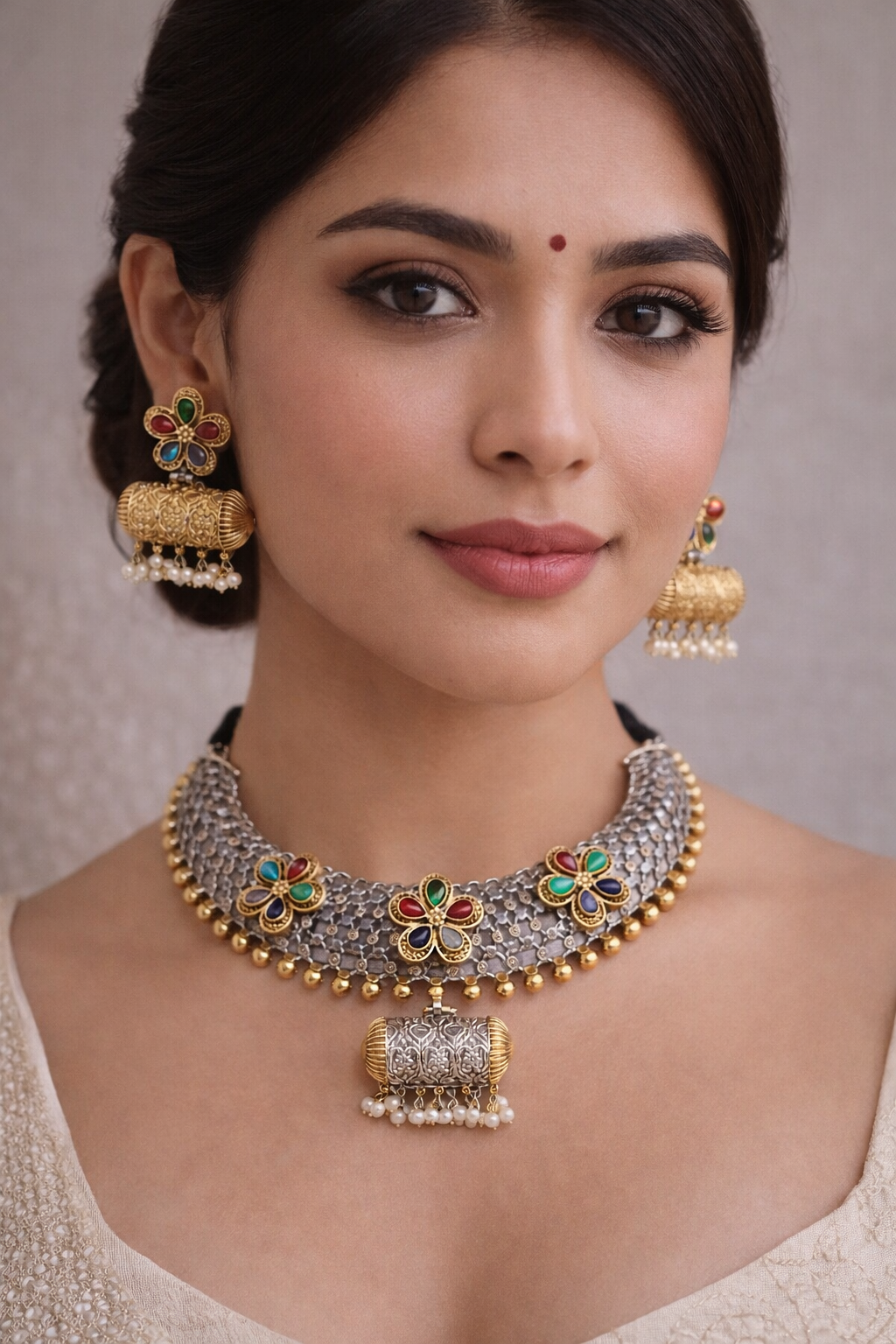 Oxidized Afghan Choker Necklace Set-G3511600
