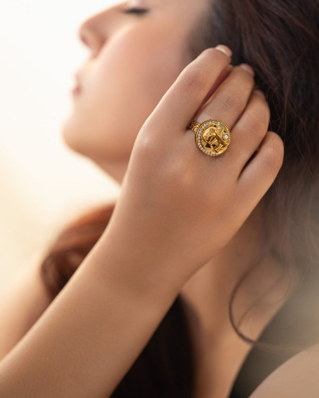 elephant motif Gold plated Mossainte Ring-G351100
