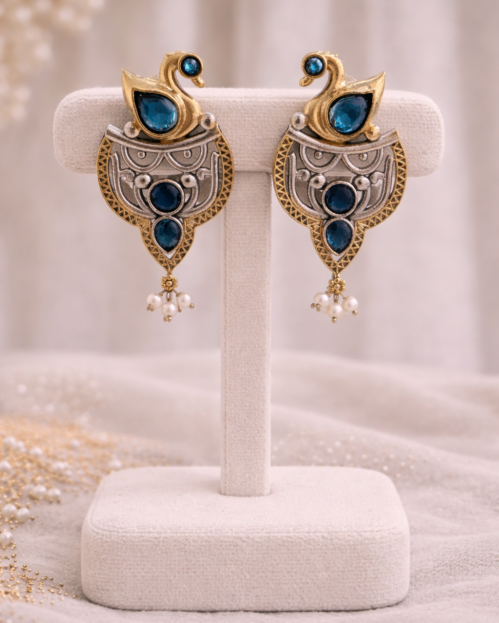 Oxidised Silver Dual-Tone Peacock Motif Necklace Set-G352400