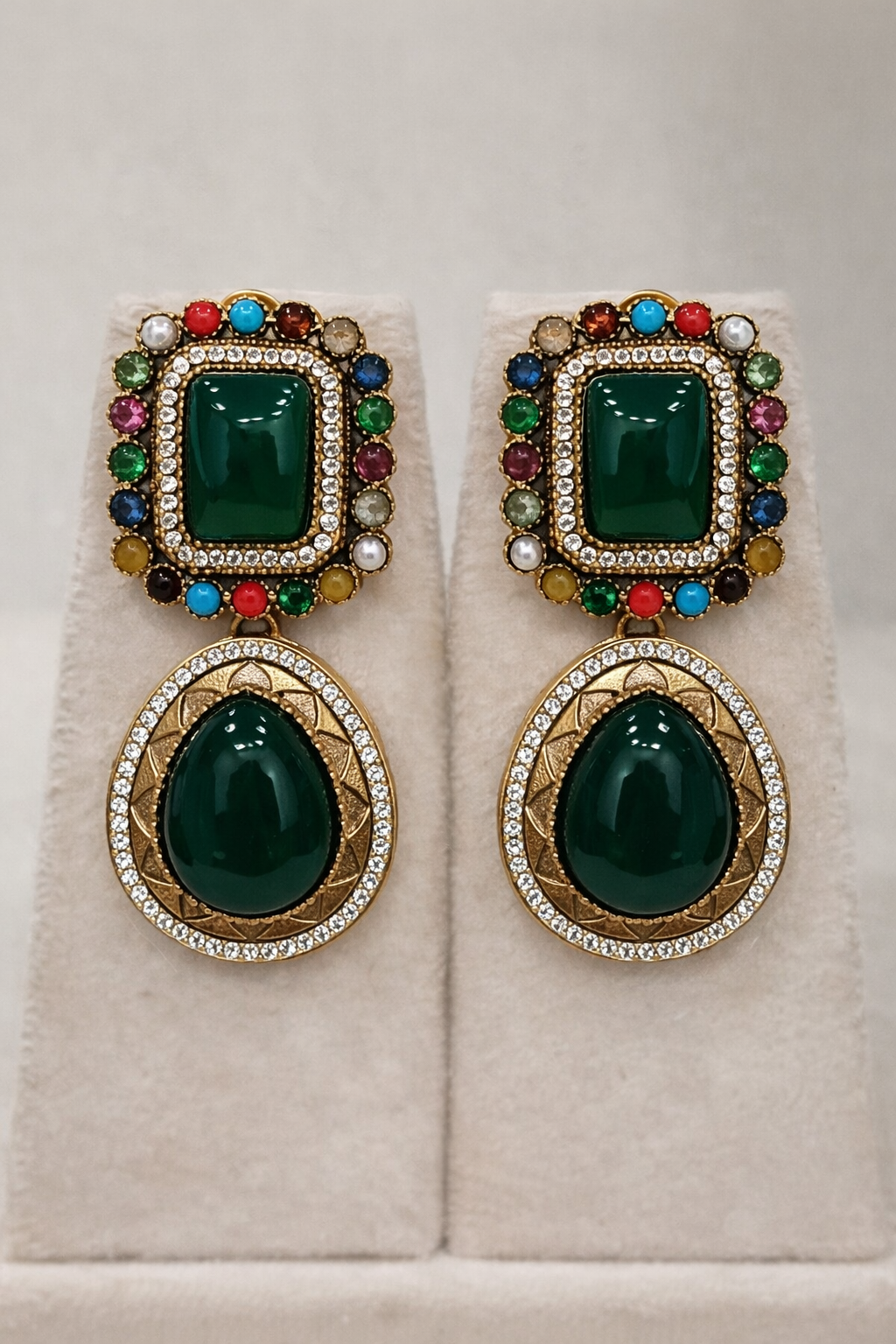 Emerald Green & Multi-Color Beaded Victorian Pendant Set