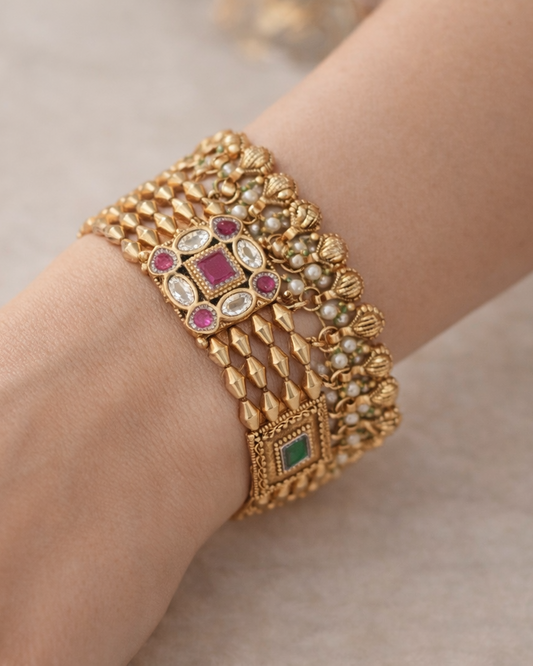 Ethnic Gold Plated Gemstone & Pearl Bracelet-G352700