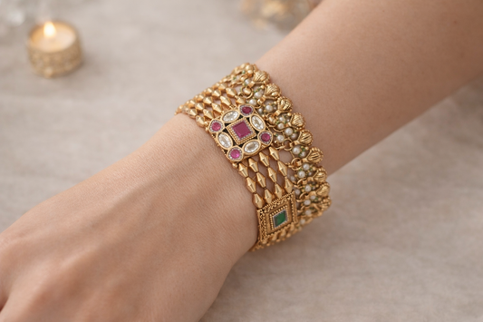 Ethnic Gold Plated Gemstone & Pearl Bracelet