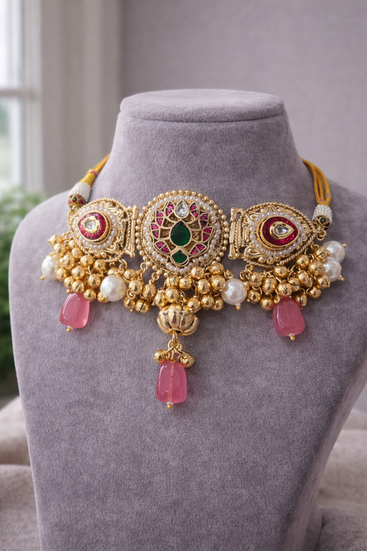 Fusion Gold-Tone Choker Necklace & Earring Set with Pink Stones & Pearls-G353000